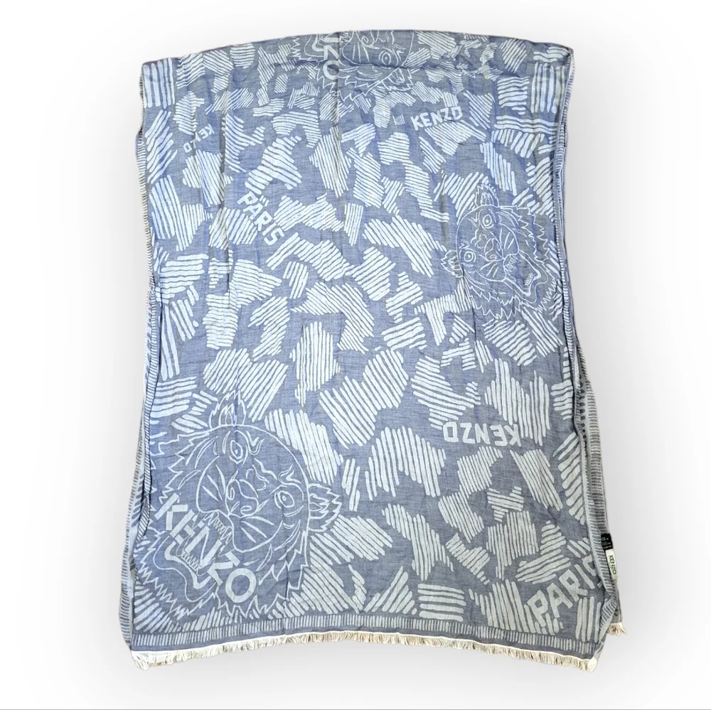 KENZO Paris Blue Tiger Head Silk Cotton Scarf